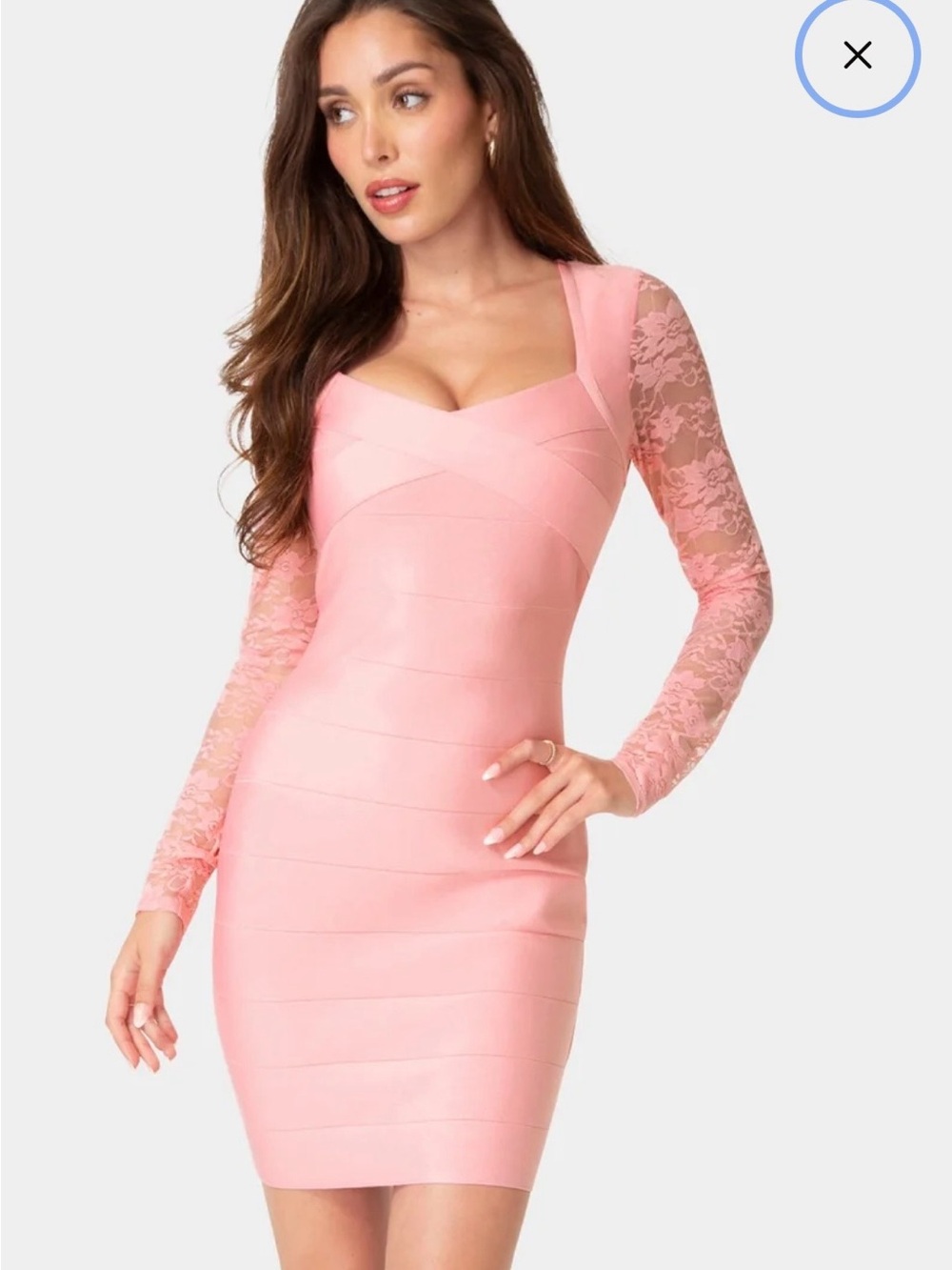 bebe Pink Lace-Sleeve Bandage Mini Dress